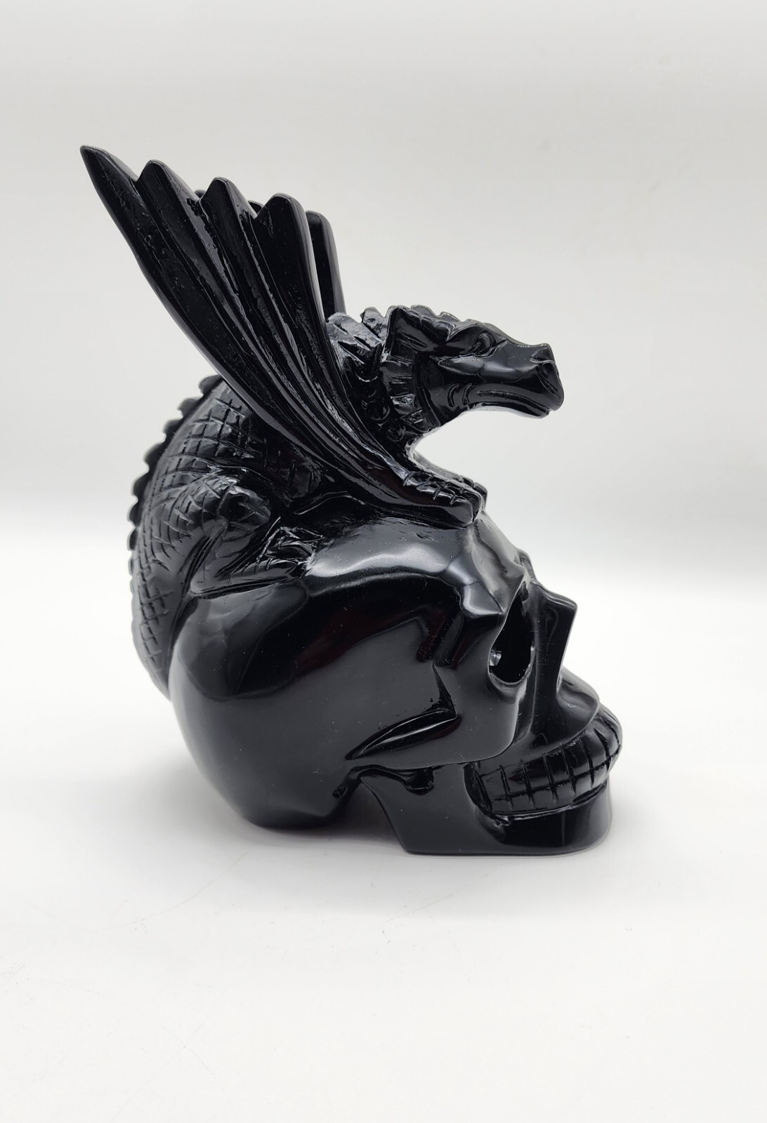 Black Obsidian Skull With Dragon Topper, Polished Obsidian Skull & Dragon Gift