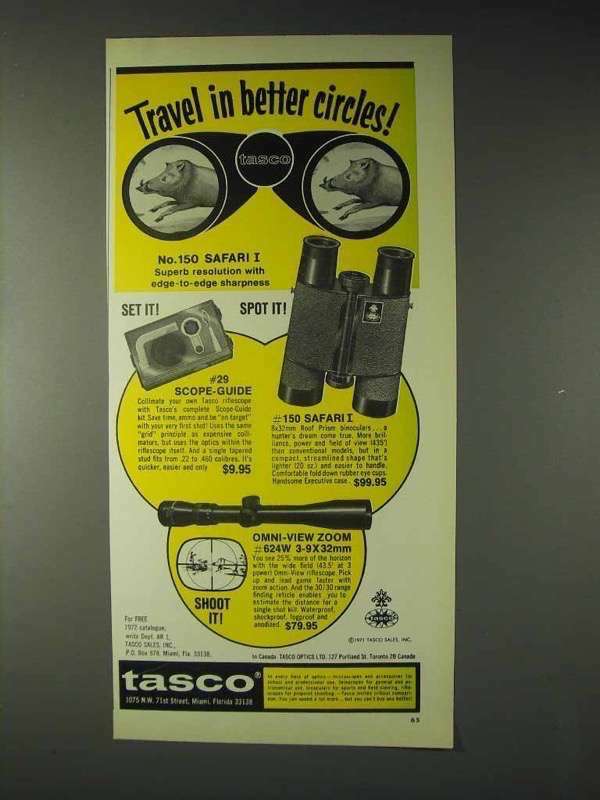 1972 Tasco Ad - #150 Safari I Binoculars, #624W Scope