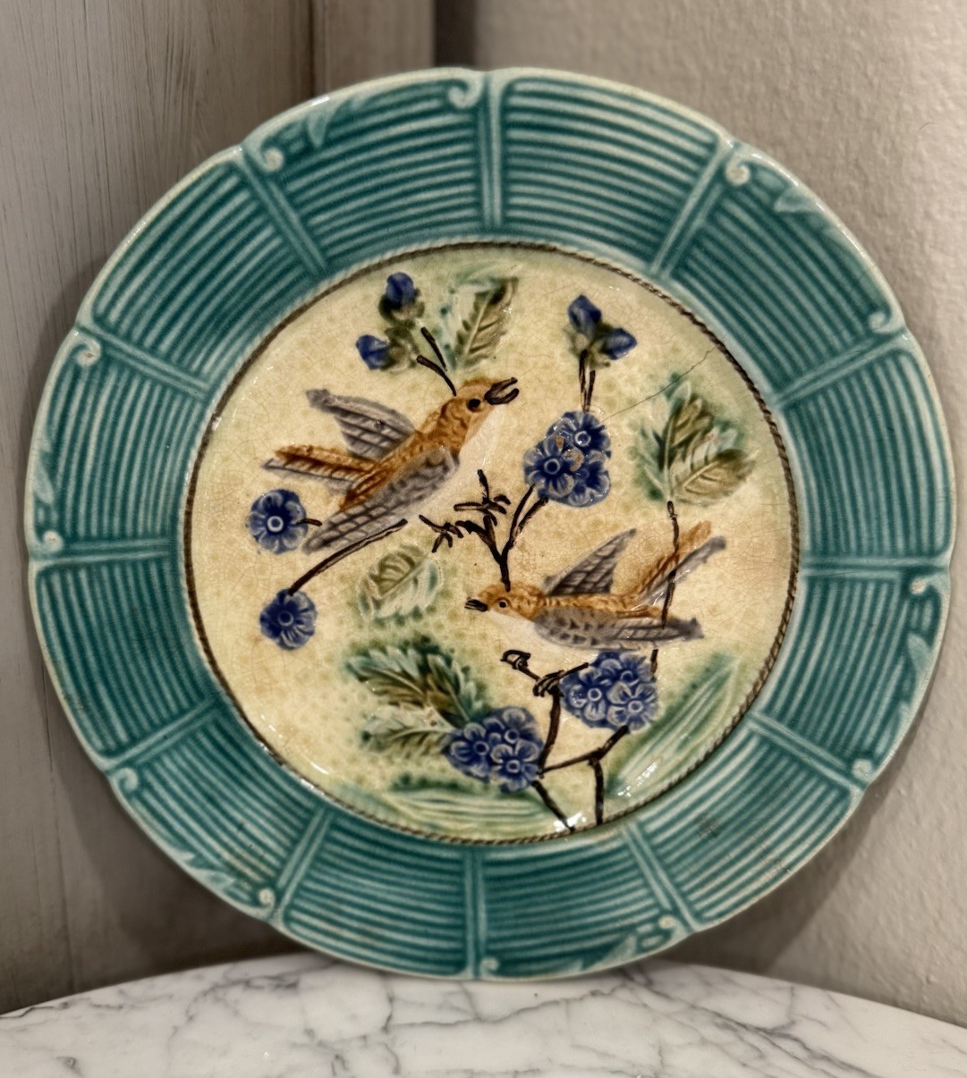 Antique French Majolica Barbotine Bird Floral Plate Turquoise 1890-1900