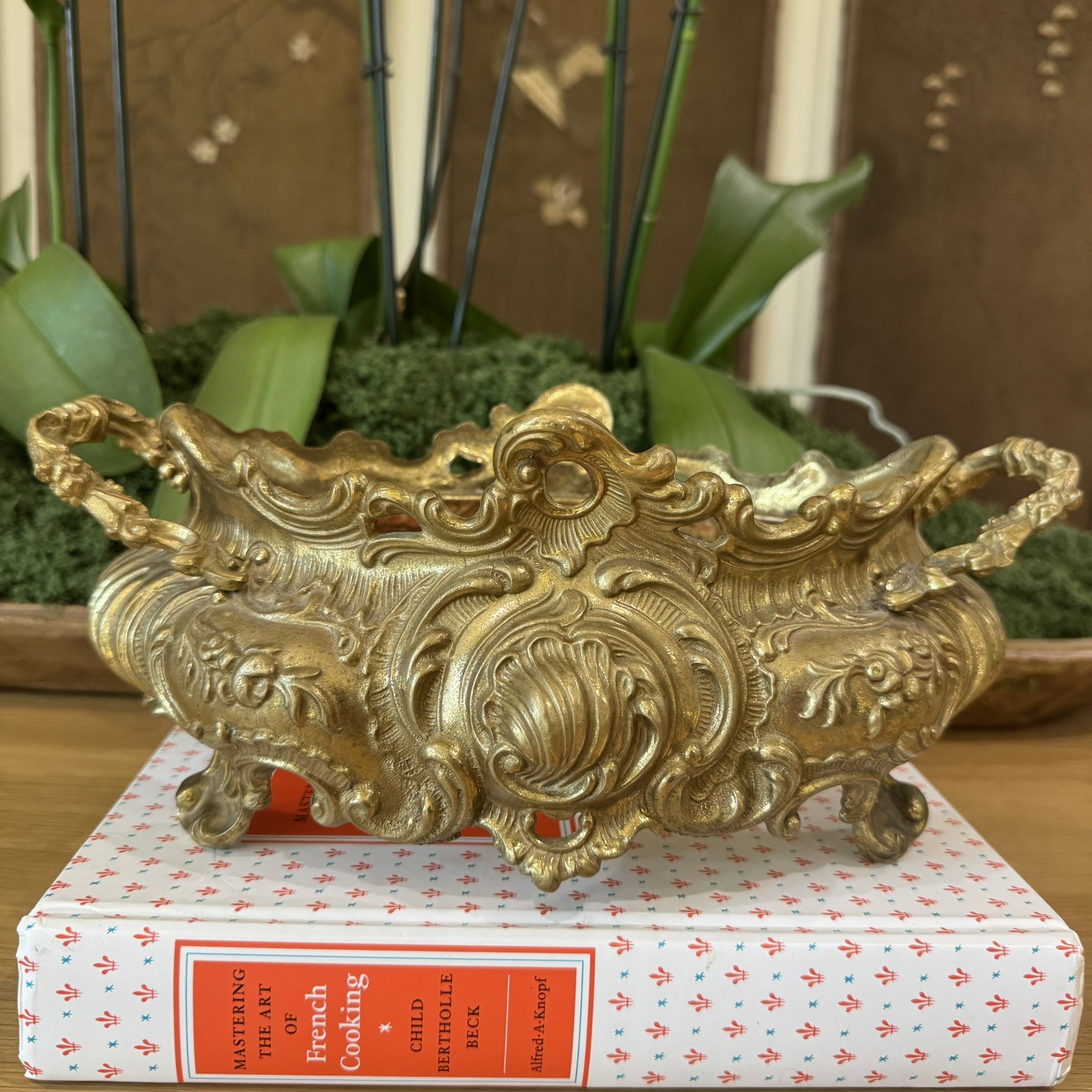 Heavy Brass Italian French Style Rococo Jardiniere Planter cherubs No liner 12”