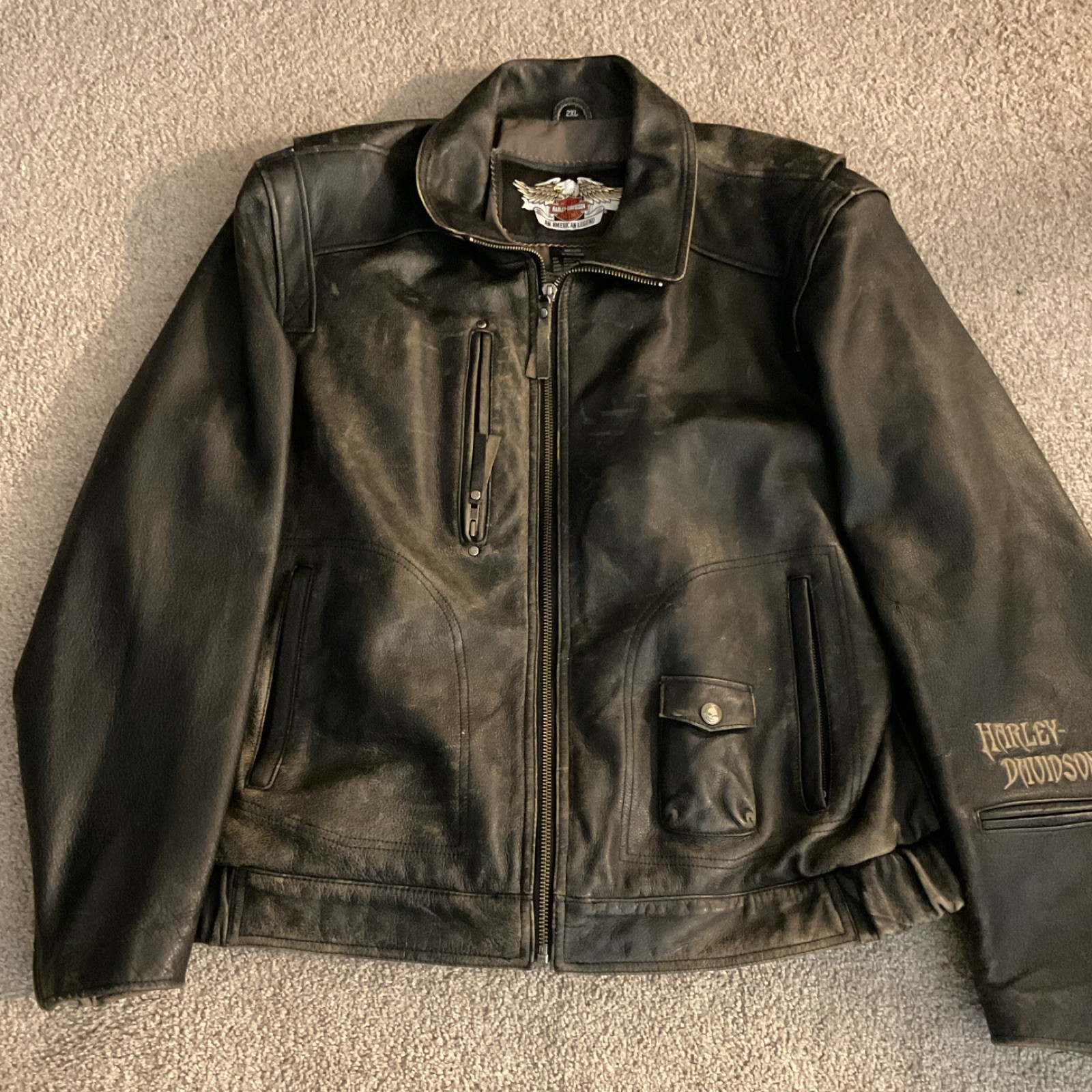 Harley-Davidson Black Leather Zip-Up Jacket Freedom Back Graphic Size 2XL