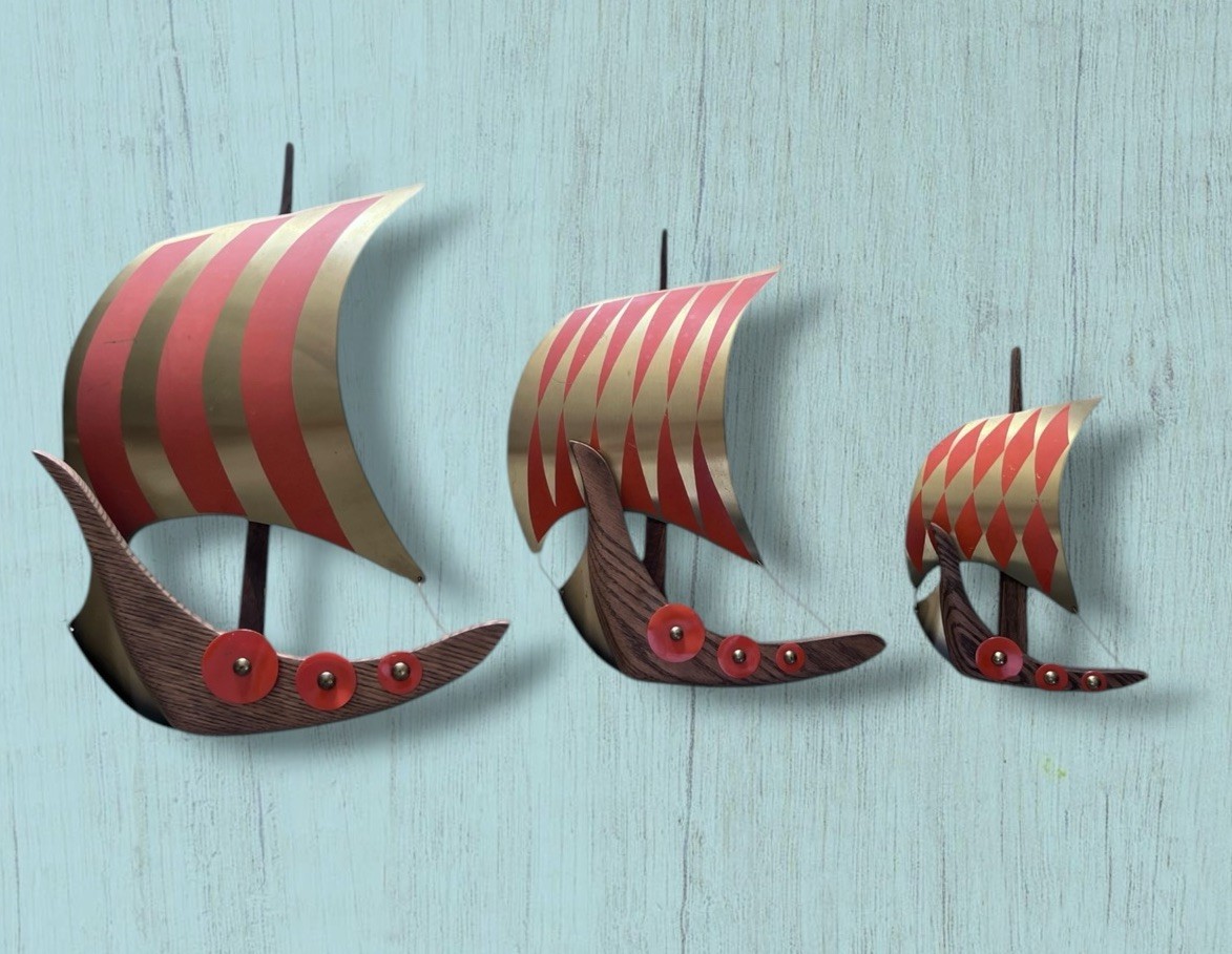 Vtg Masketeers Set Of 3 Teak Wood Brass Metal Galleon Sailing Ship Wall Art MCM