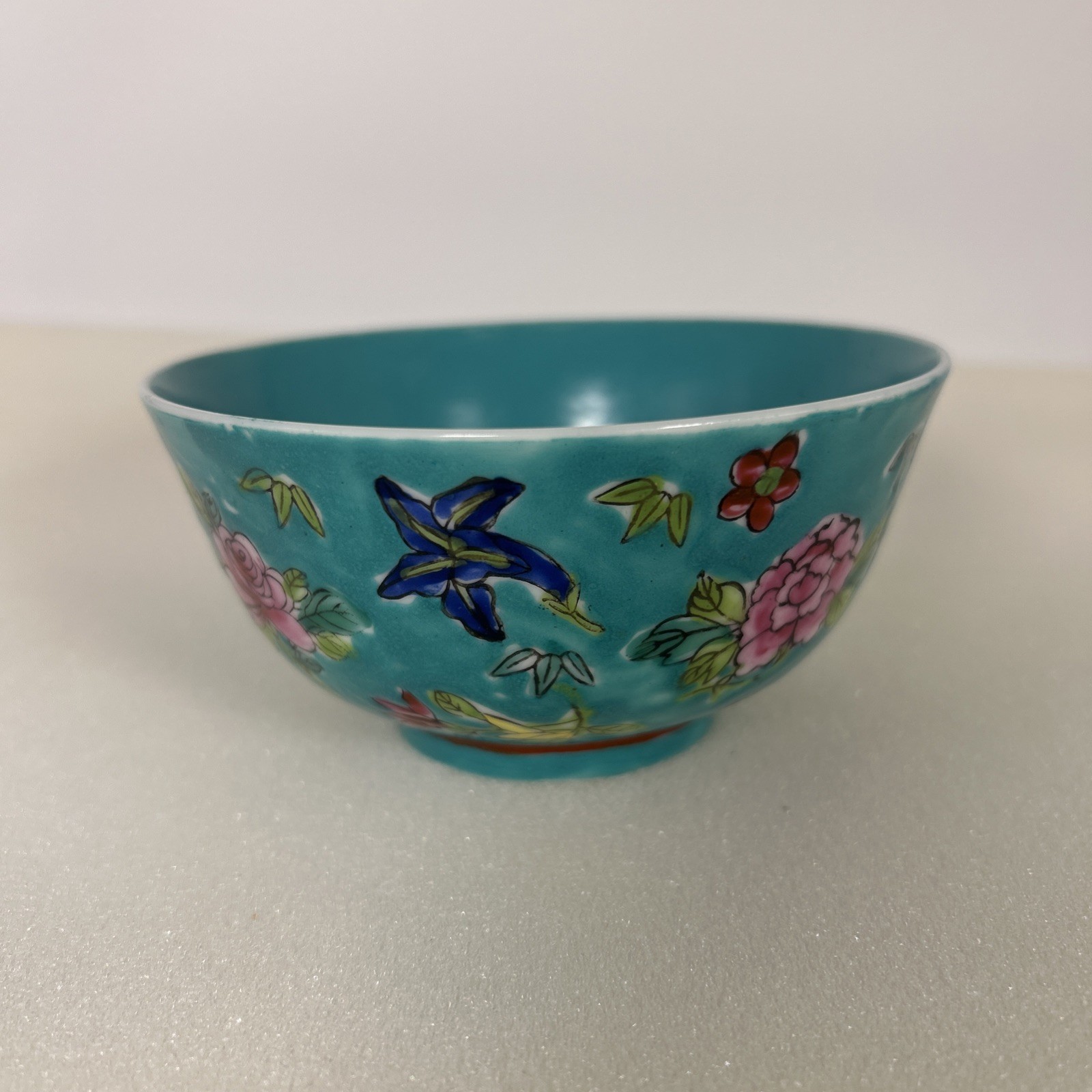 Old Chinese Famille Rose Turquoise Porcelain Bowl Decorated in Hong Kong