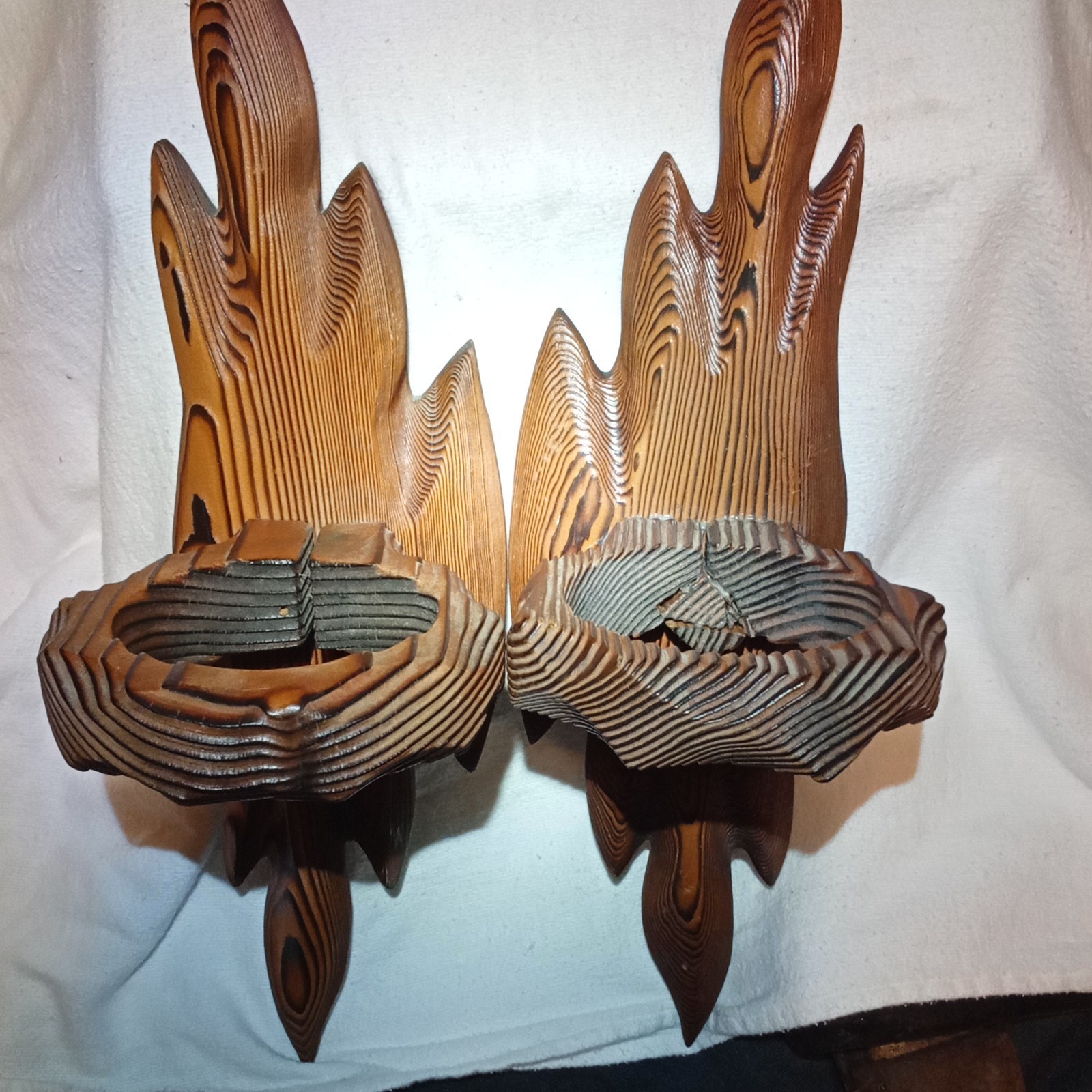 Set of 2 Abstract Carved Wood Wall Plaques, Wall-Mounted, Stained Brown/Black