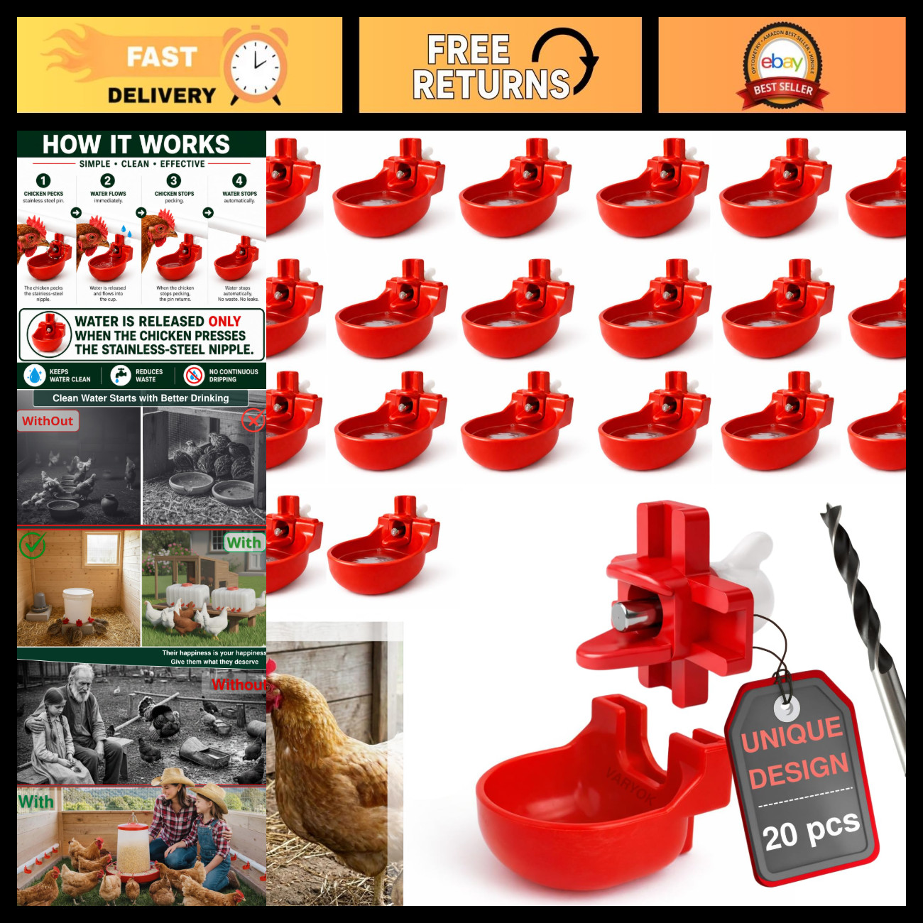 Heavy Duty 20-Pack with Cups Chicken Water Nipples Automatic Chicken Waterer Nip