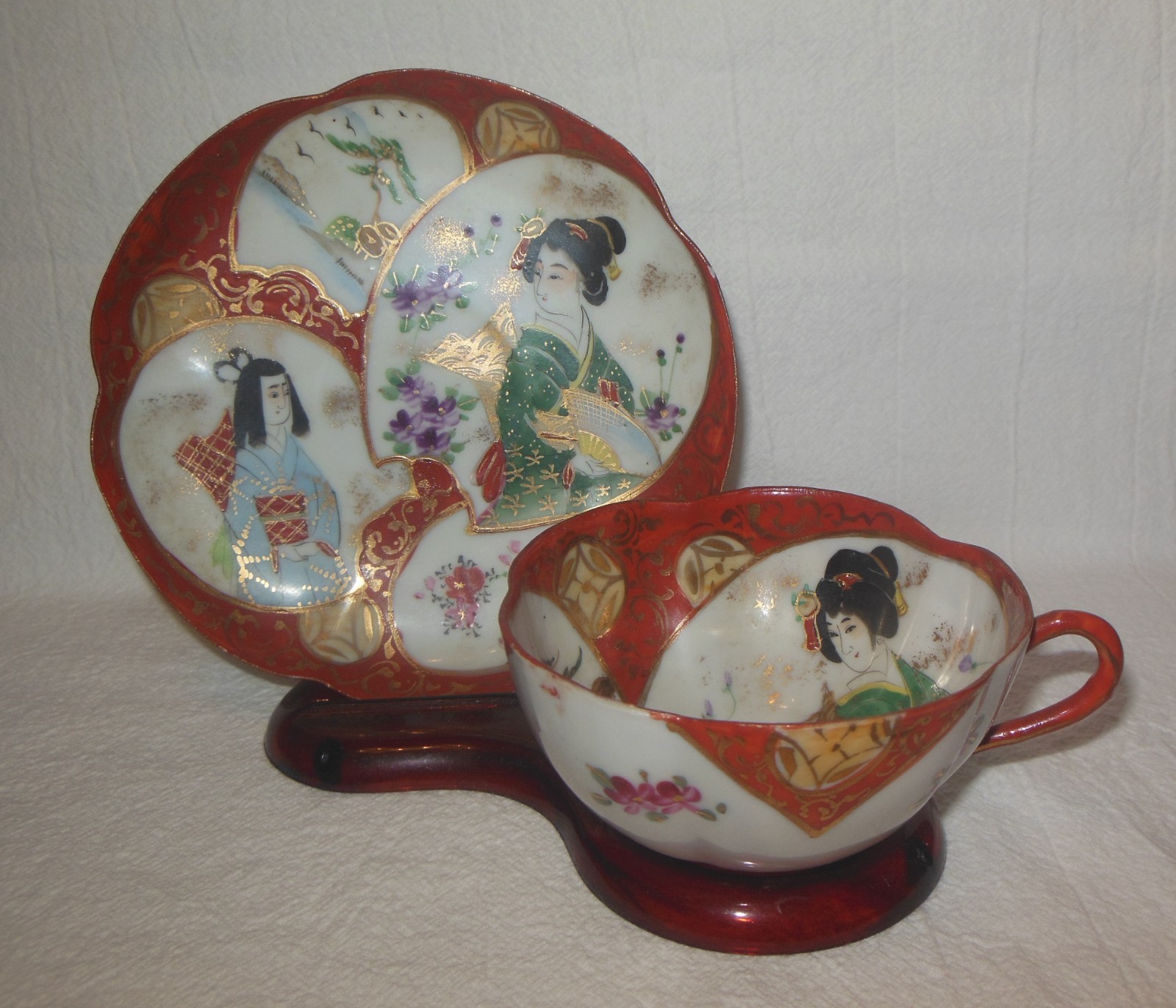 Vintage Japanese Satsuma Geisha Tea Cup and Saucer Egg Shell BEAUTIFUL