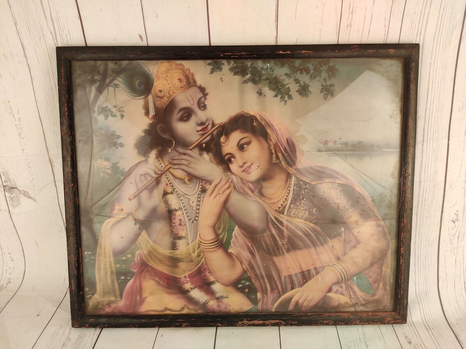 Vintage Radha Krishna Litho Print Wooden Frame Hindu Art