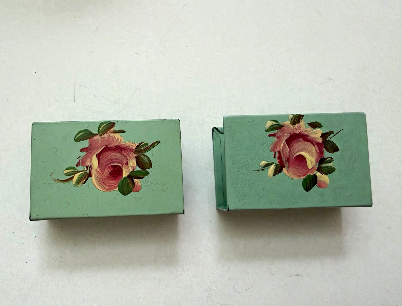 Vintage Hand Painted Toleware Matchbox Covers Pair Green Pink Roses Metal