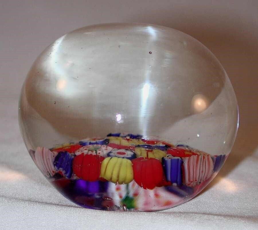 Nice Blown Art Glass Paperweight Millefiori Design White Blue Red Yellow Colors