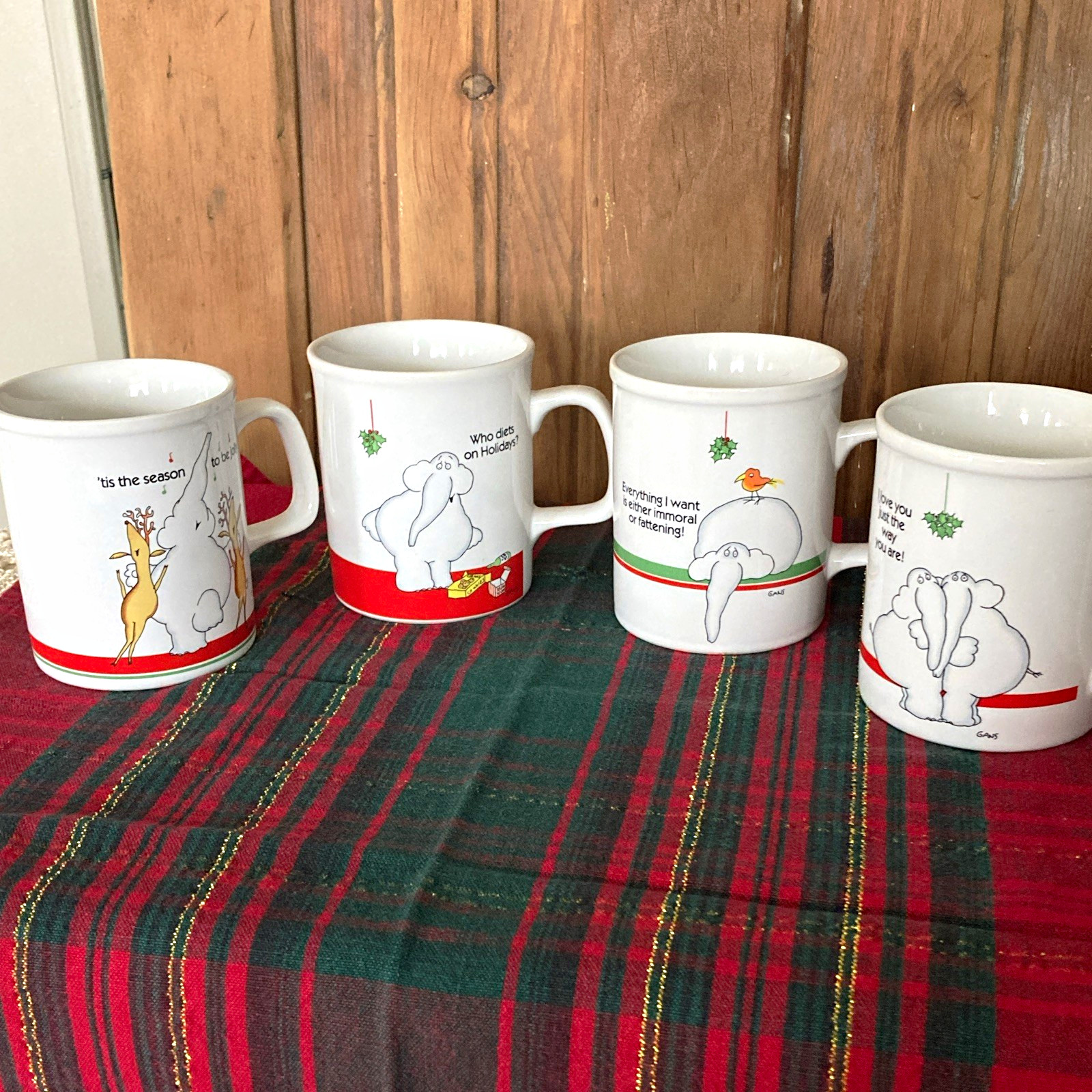 VTG 1984 Enesco Eli Elephant Christmas Mugs Set/4 Harry GANS Japan Sticker