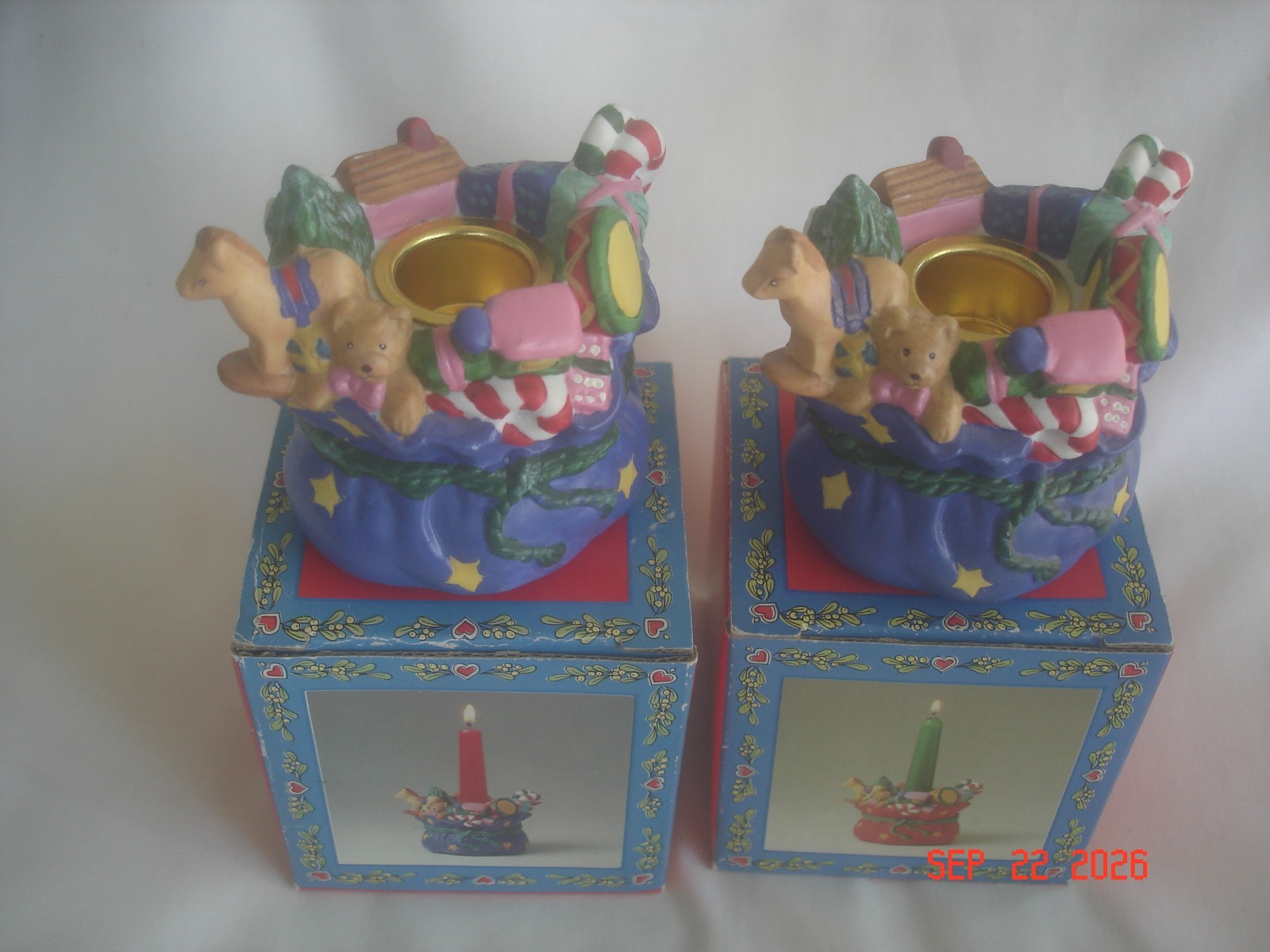 LOT 2 NIB Vtg. PAPEL MAGIC of CHRISTMAS SANTA\'S BAG PORCELAIN CANDLE HOLDER