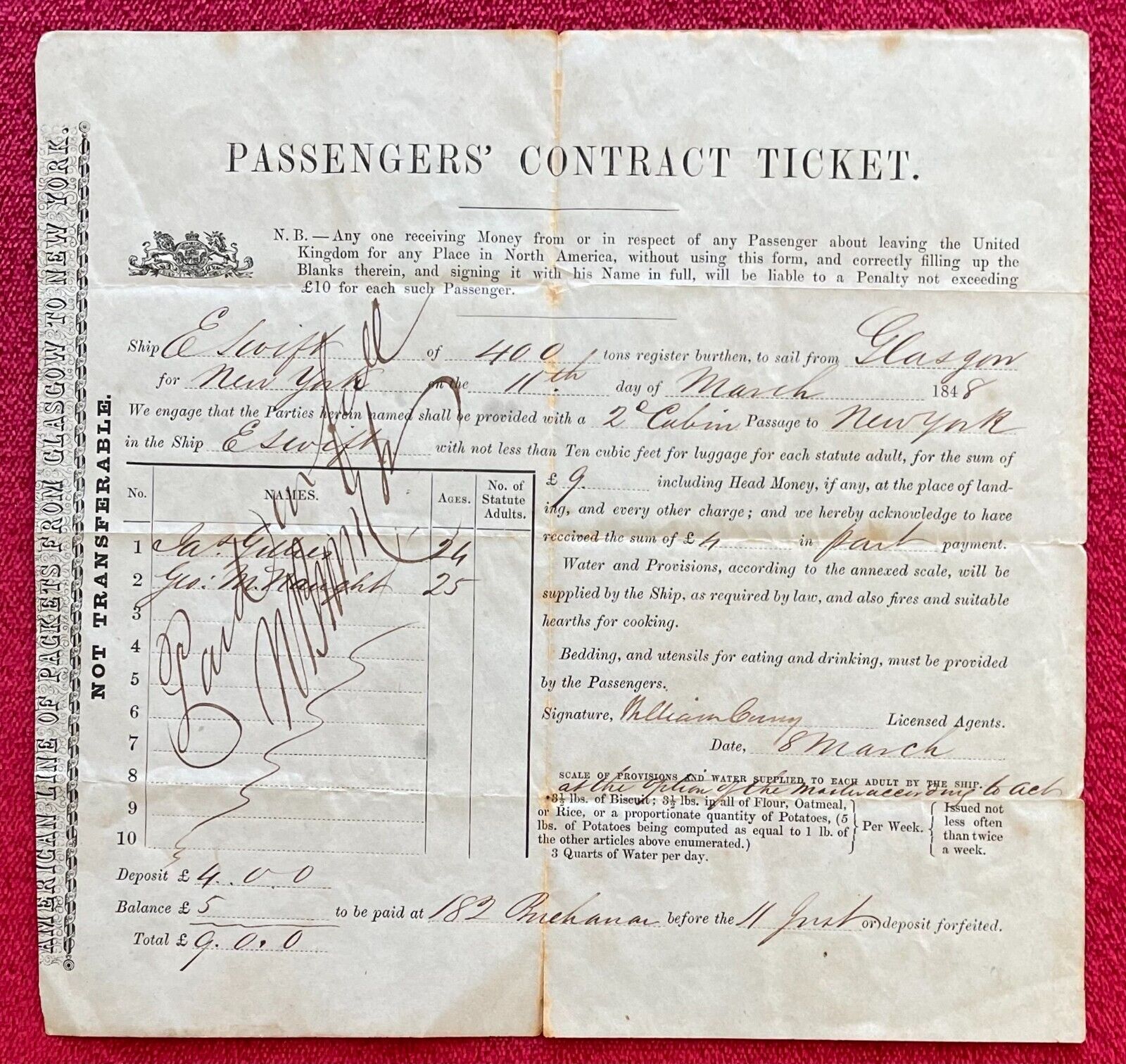 1848 PASSENGER CONTRACT SHIP FROM GLASGOW TO NYC -SCOTTISH EMIGRATION TO AMERICA