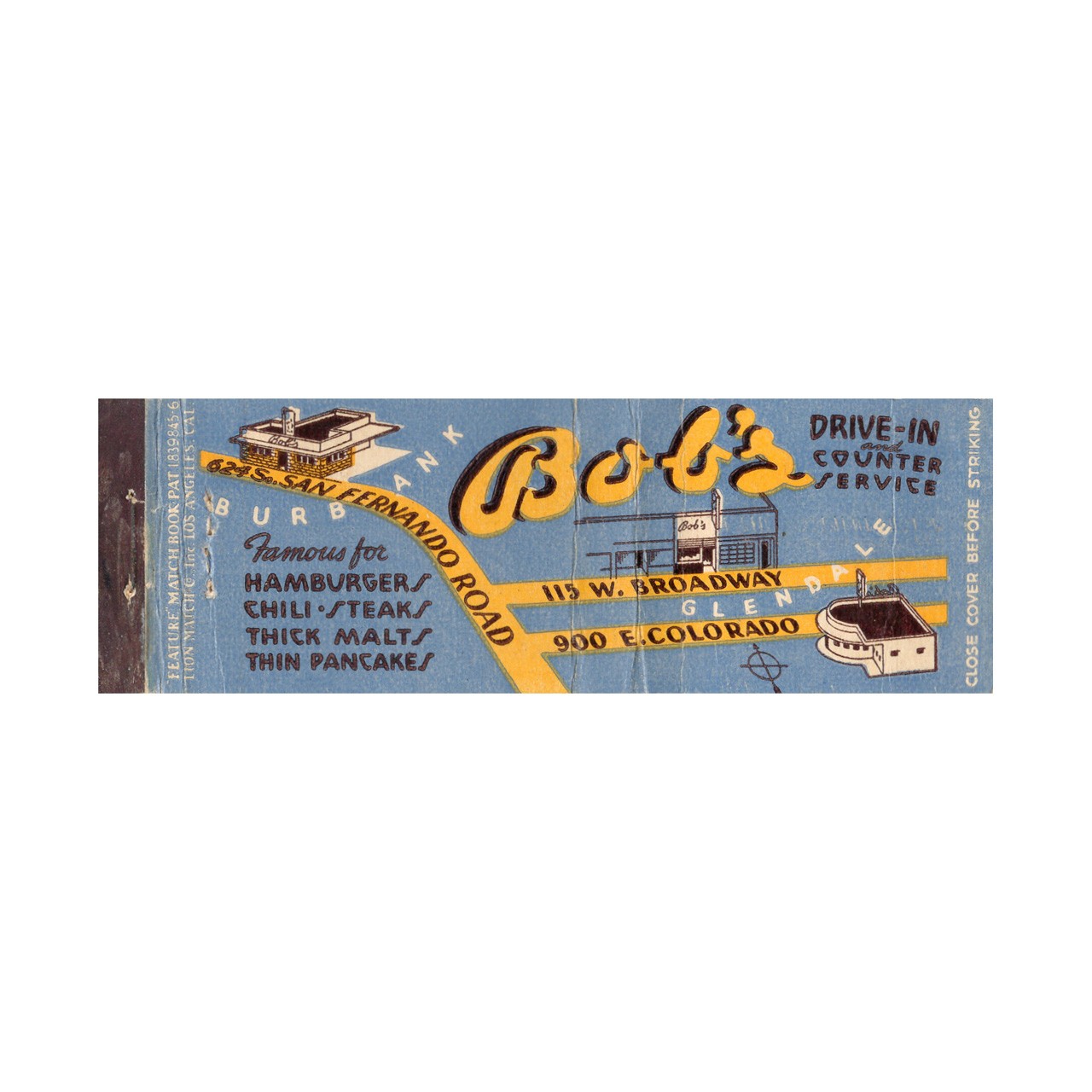 1930s Display Matchbook Cover Bob's Drive In Restaurant Burbank &  Glendale CA