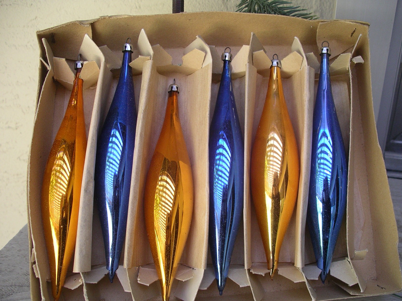 VTG Blown Mercury Glass  icicle ornament Xmas tree Gold Blue box Set 6 POLAND