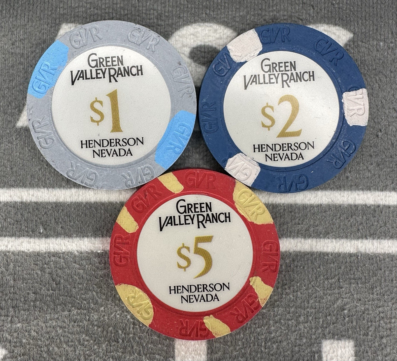 🎰🎲Lot Of  3 $1,$2,$5 Green Valley Ranch GVR *NEW*Casino Chips Las Vegas NV🎲🎰