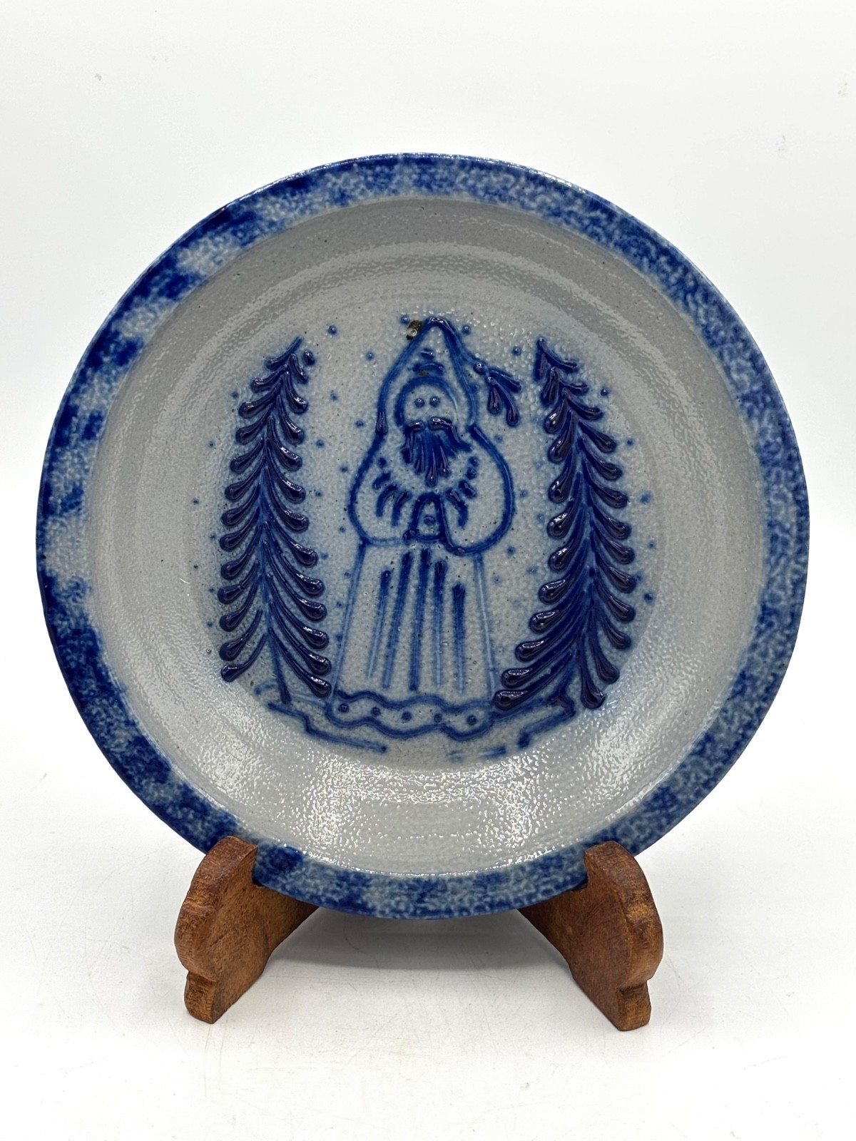 Santa Eldreth Pottery Salt Glazed Stoneware Pie Plate Dish 8” Blue Signed 1989