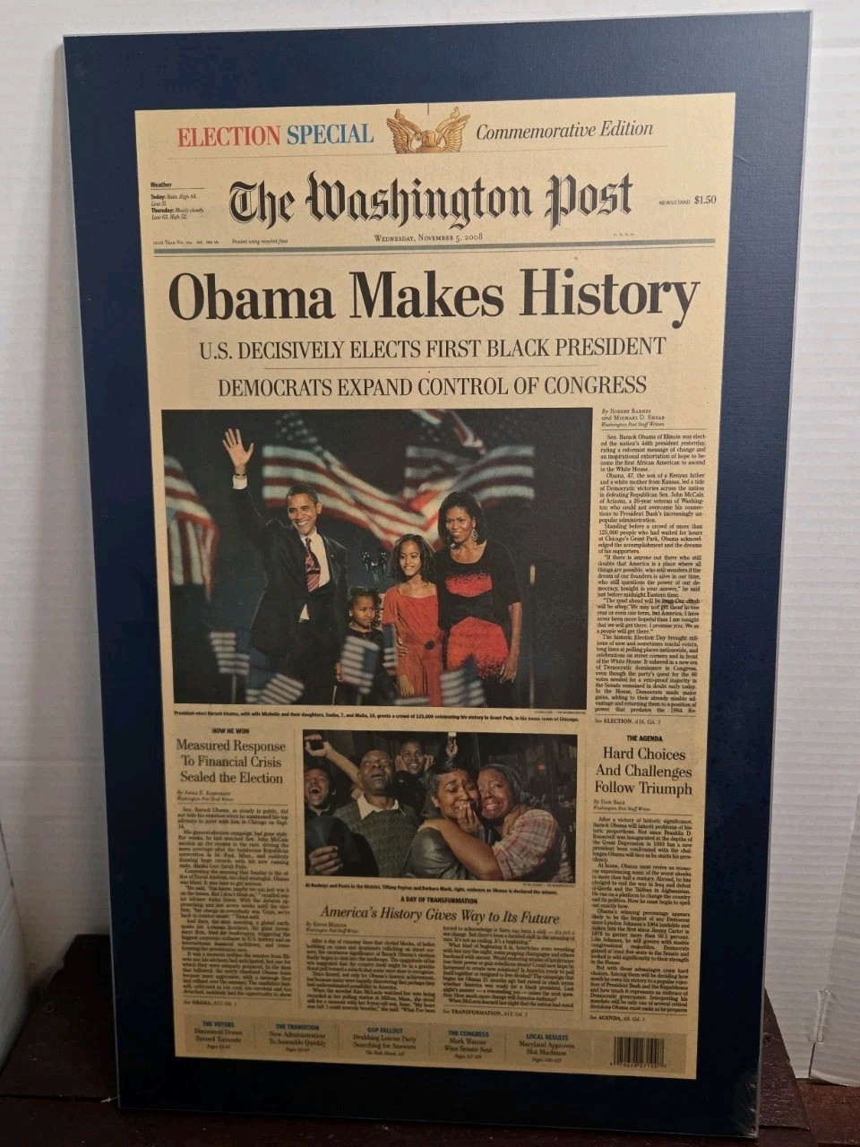 Newspaper OBAMA MAKES HISTORY. FIRST BLACK PRESIDENT, Commemorate  Wall Decor 