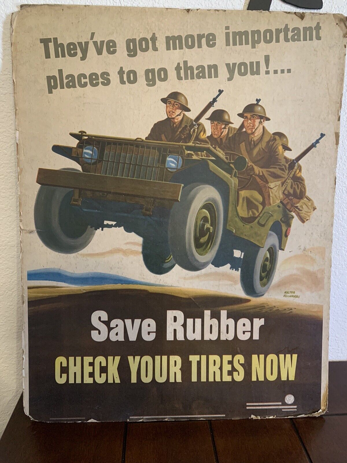 Vintage 1943 Save Rubber: Check Your Tires Now WW2 Poster AS IS