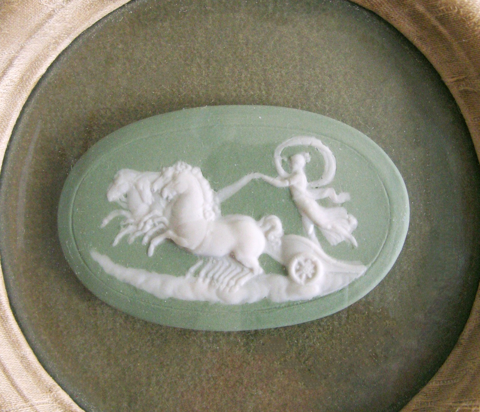 ANTIQUE round framed Wedgewood pale green oval JASPERWARE CAMEO Aurora\'s Chariot