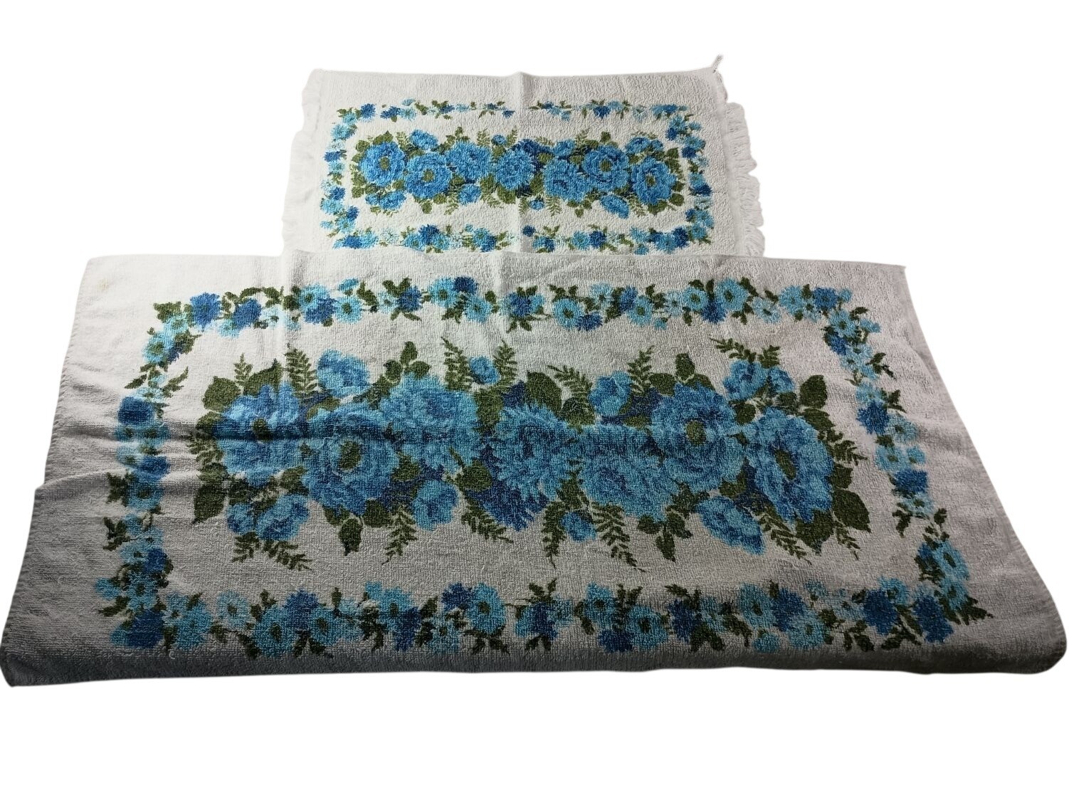 Cannon Towels 70s Retro Blue Floral Fringe set of 2 Vintage