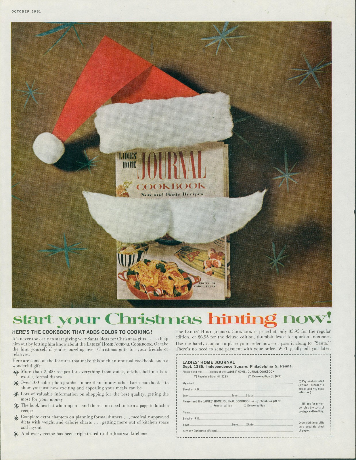 1961 Ladies Home Journal Cookbook Santa Hat Start Christmas Hinting Now Ad LHJ8