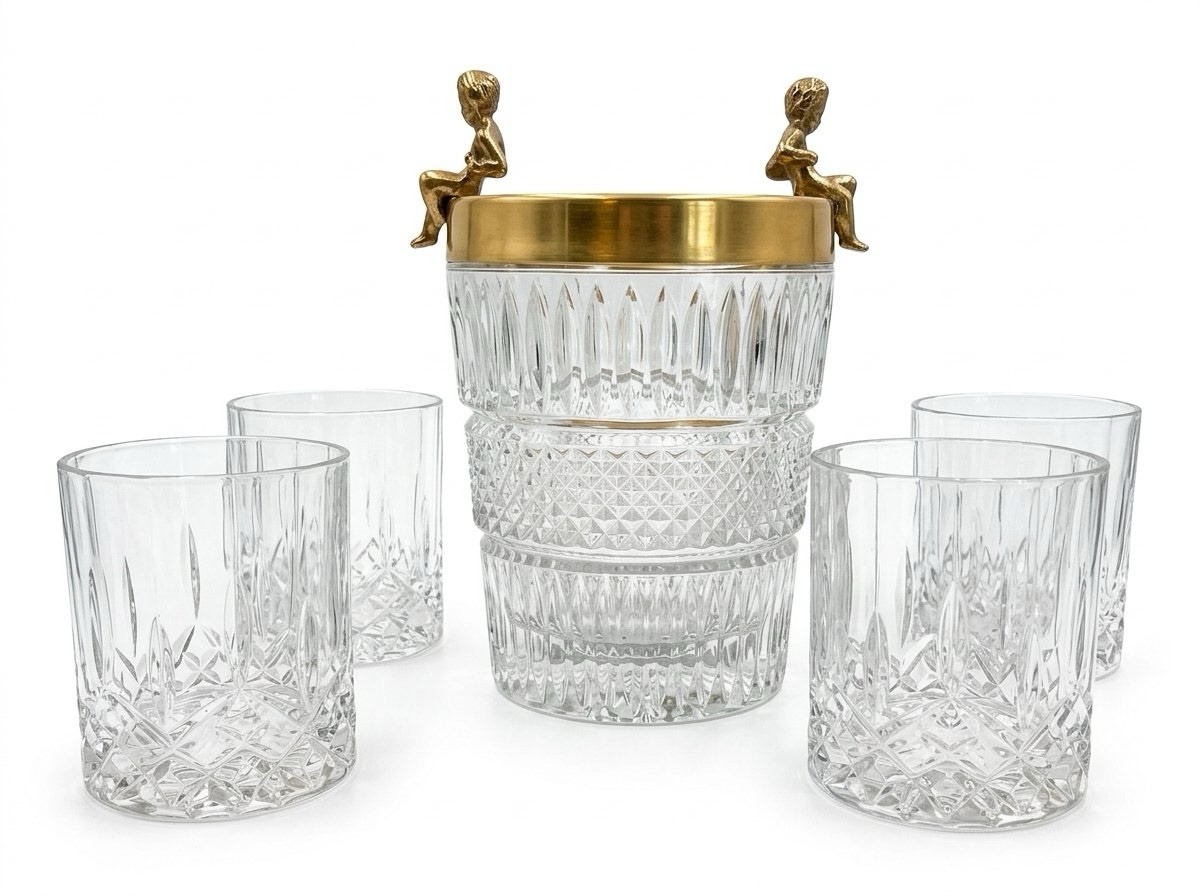 5 Piece Vtg  Cut Crystal Ice Bucket with 4 Lowball Glasses Gold Cherub Handles