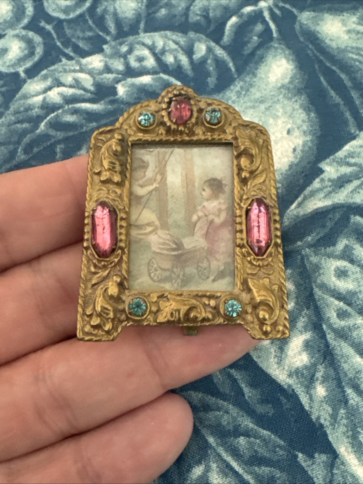 Antique Czech Jeweled Miniature Picture Frame Gold Tone Pink Blue Gemstones Antique Czech Jeweled Miniature Picture Frame Gold Tone Pink Blue Gemstones