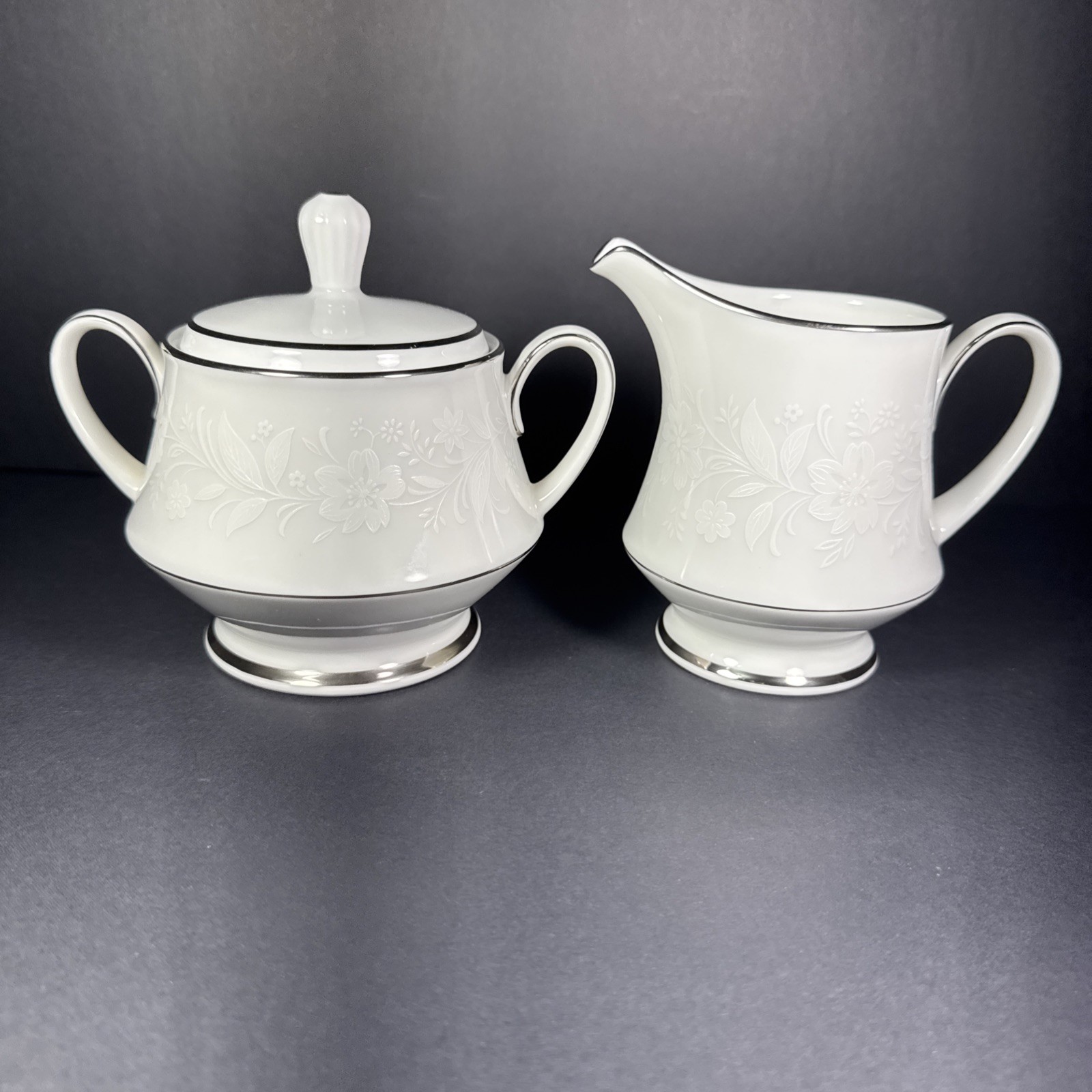 Vintage Noritake Ranier 6909 Sugar Bowl with Lid & Creamer Set White & Platinum Vintage Noritake Ranier 6909 Sugar Bowl with Lid & Creamer Set White & Platinum