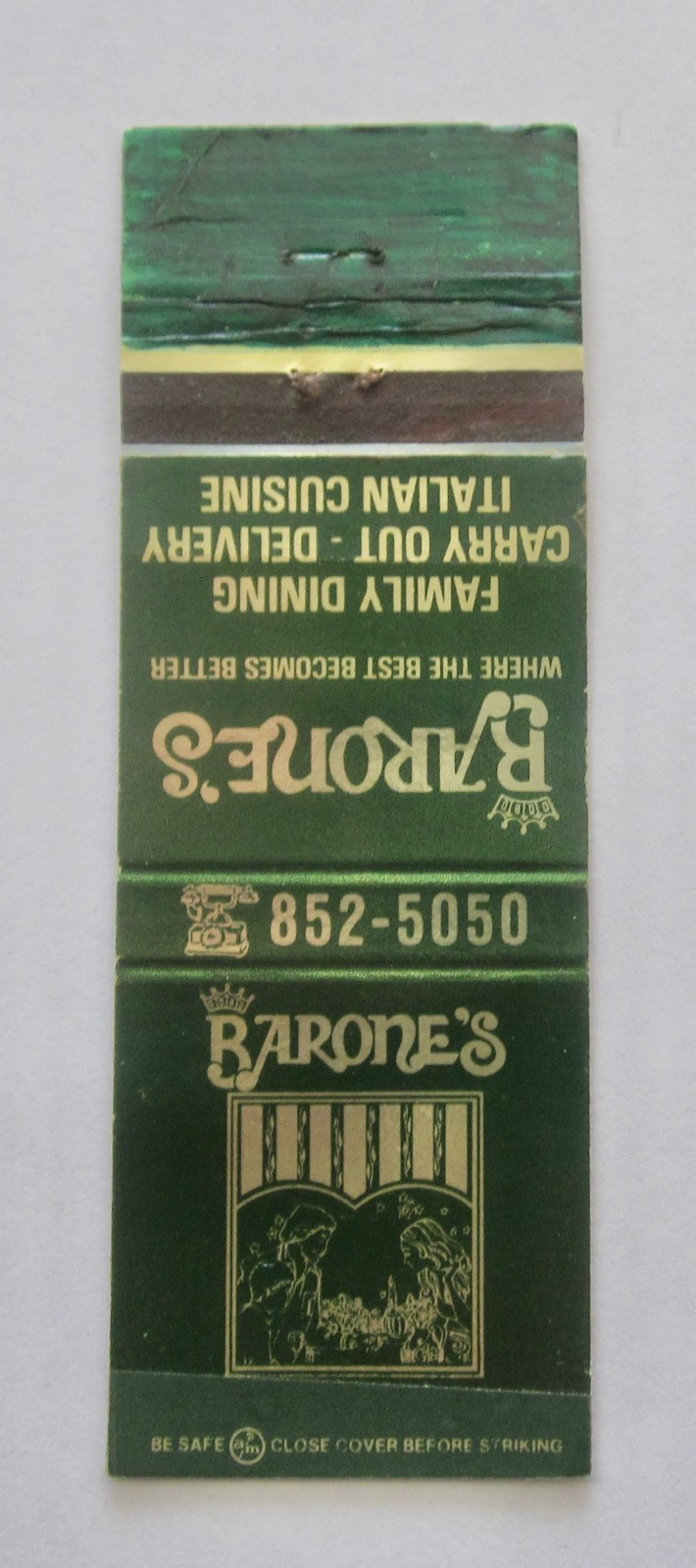 BARONE\'S FAMILY DINING ITALIAN CUISINE, VINTAGE MATCHBOOK COVER