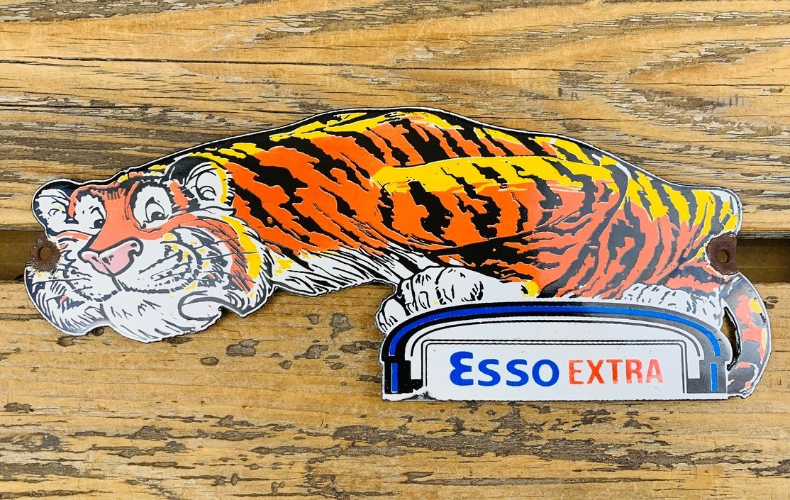VINTAGE 10X4” ESSO EXTRA TIGER GASOLINE GAS OIL METAL ADVERTISING PORCELAIN SIGN