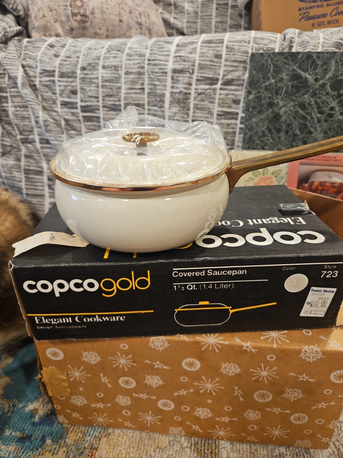 Vtg COPCO Sam Lebowitz Pan Enamel Over Iron Brass Handles Pot 723 1 1/2qt New