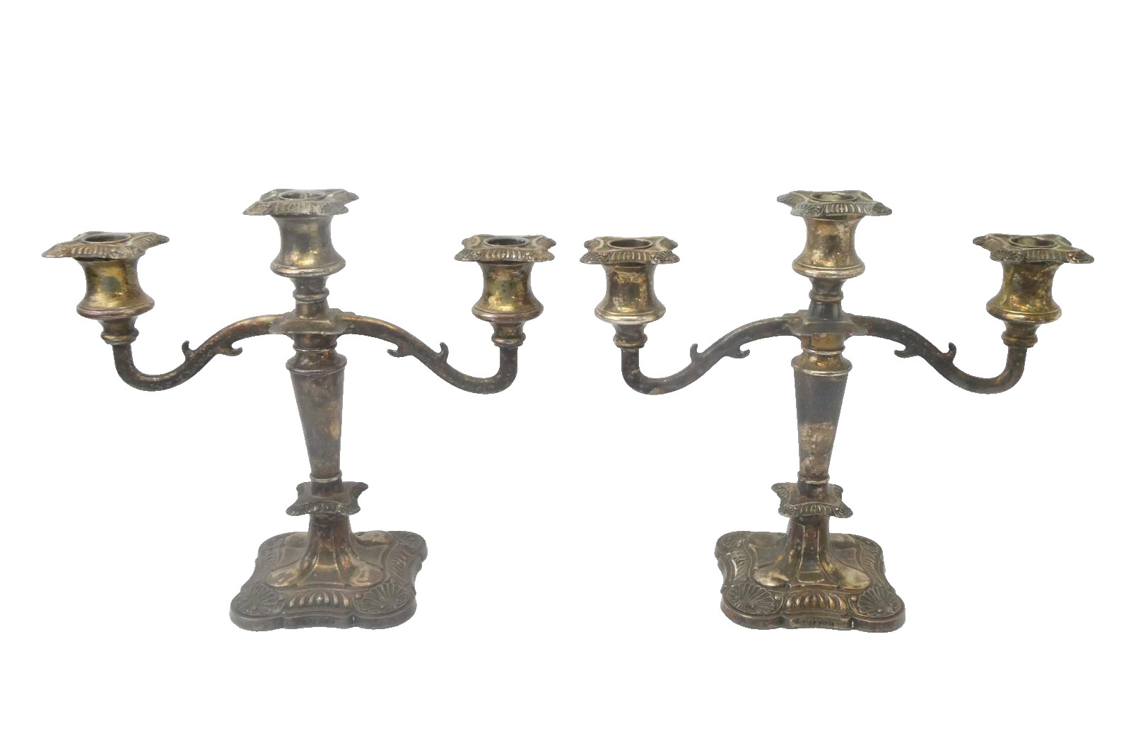 Pair English Reproduction Silver Plated 3 Arm Candelabras Candle Holders EP Zinc