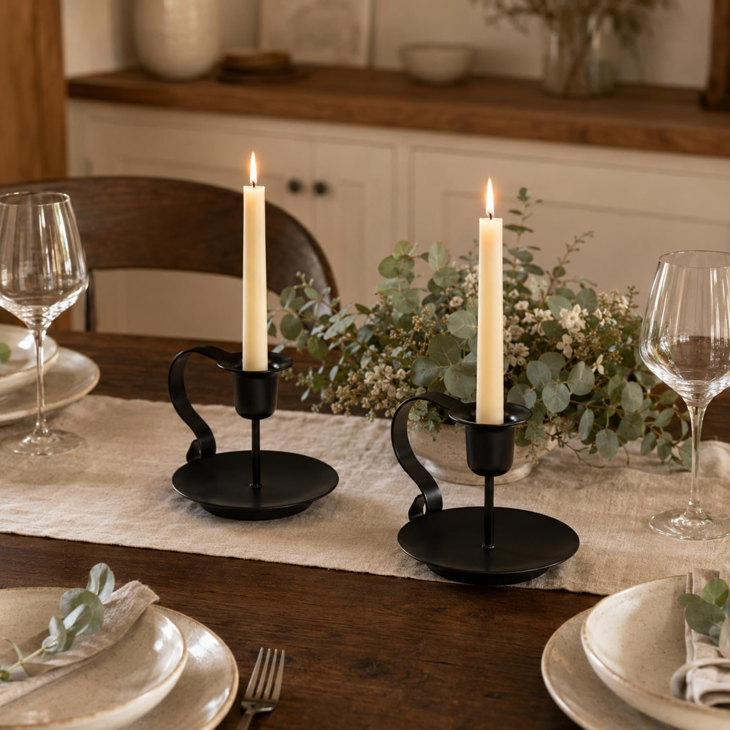 2Pcs Black Taper Candle Holders Iron Vintage Candlestick Stand with Handle