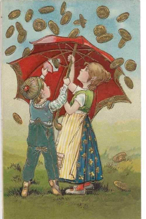 ANTIQUE EMBOSSED Postcard     MOTHER AND SON, UNDER UMBRELLA, RAINING GOLD COINS