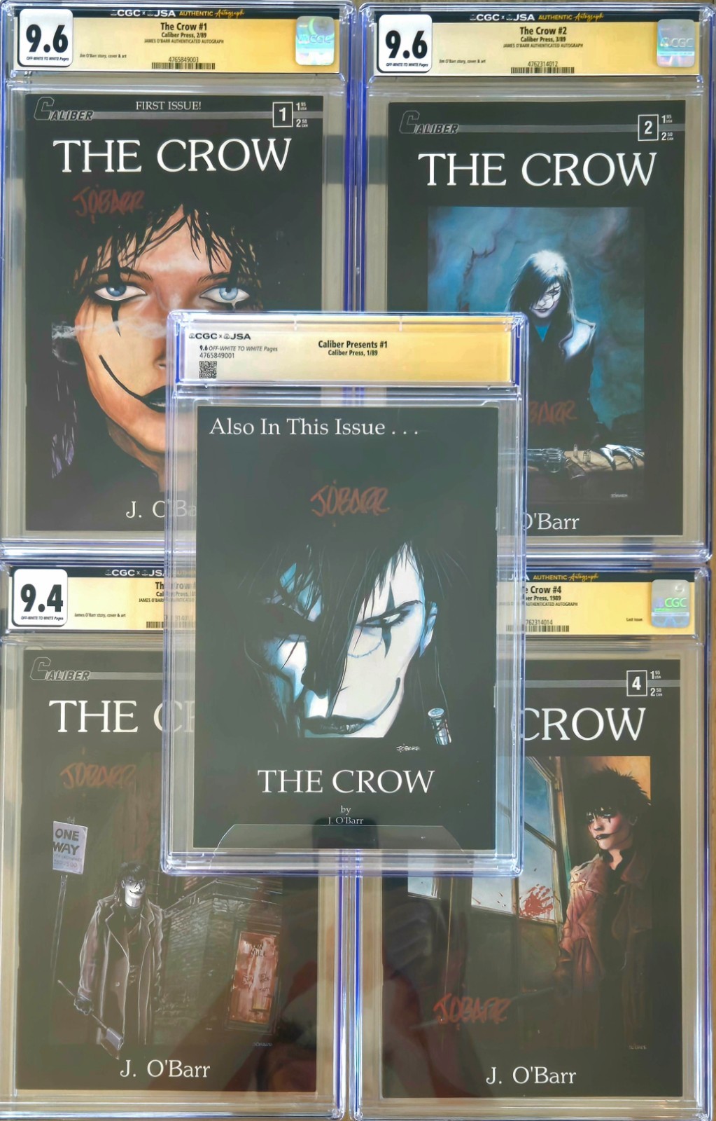 Crow 1-4 + Caliber Presents 1 (1st Crow) set, CGC Graded/Signed in Red J. O\'Barr