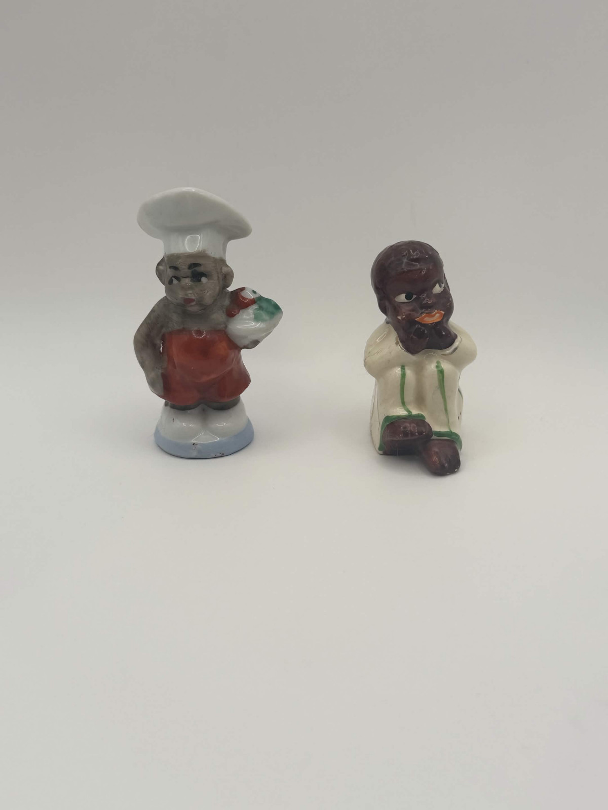 Vintage Japan Ceramic Figural Salt Pepper Shakers Mismatched Chef Seated Boy