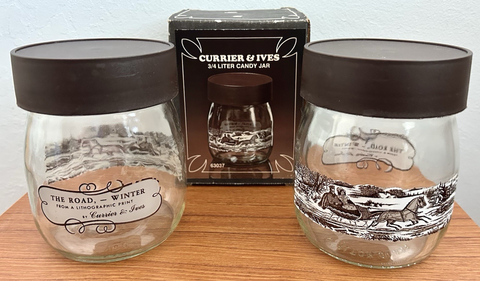 Set of 2 VTG Currier & Ives “The Road—Winter” Carlton Glass 3/4 Liter Candy Jars