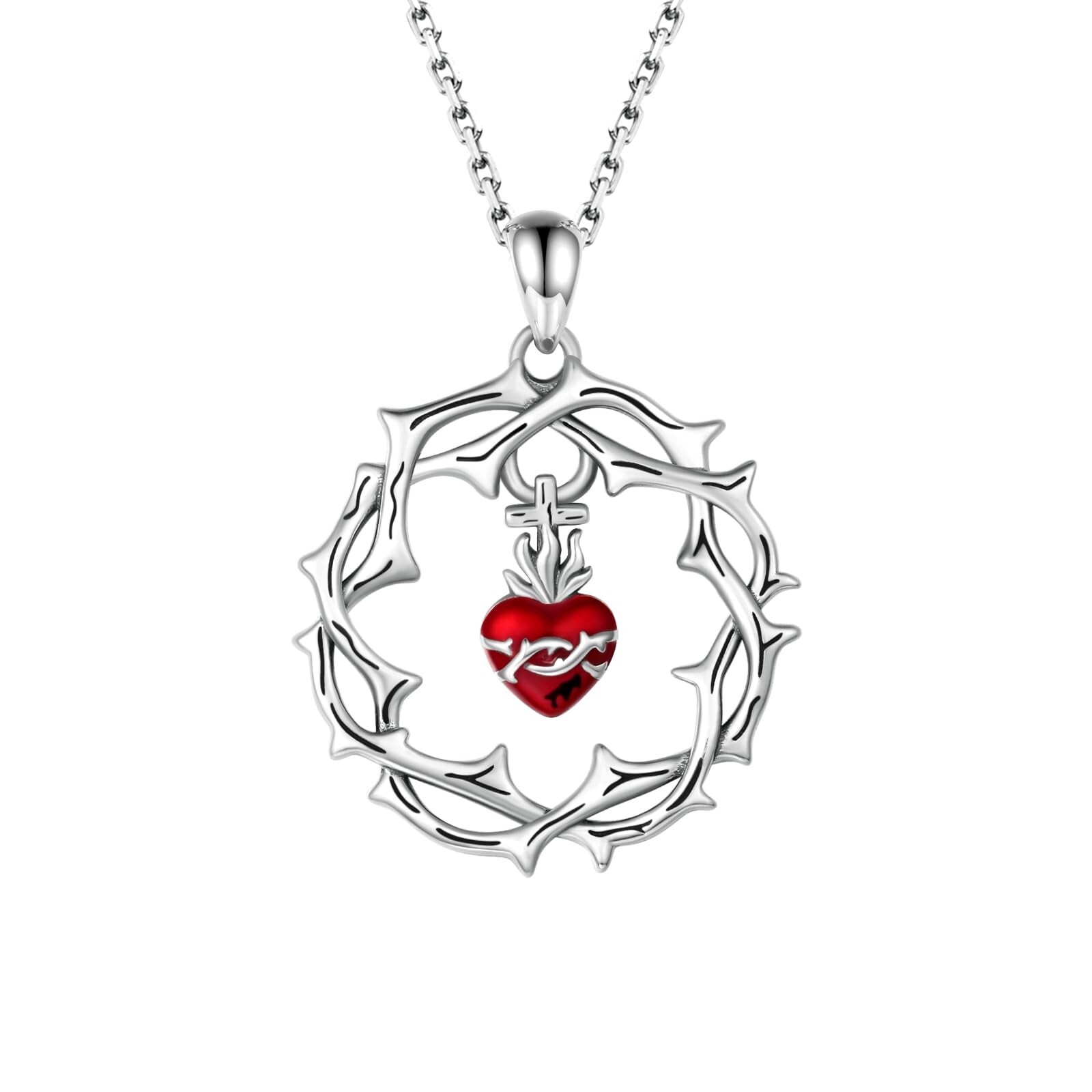 Sacred Heart of Jesus Necklace 925 Sterling Silver-Thorns Cross Pendant God's... Sacred Heart of Jesus Necklace 925 Sterling Silver-Thorns Cross Pendant God's...