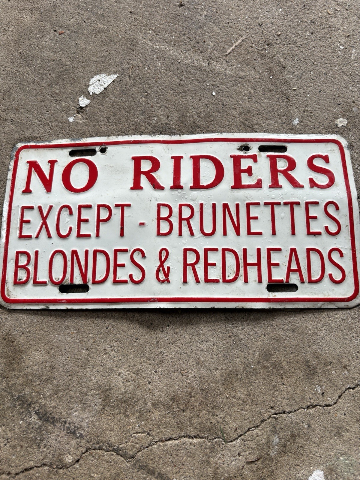 No Riders Except Blondes Brunettes Redheads Metal License Plate Vintage Tag