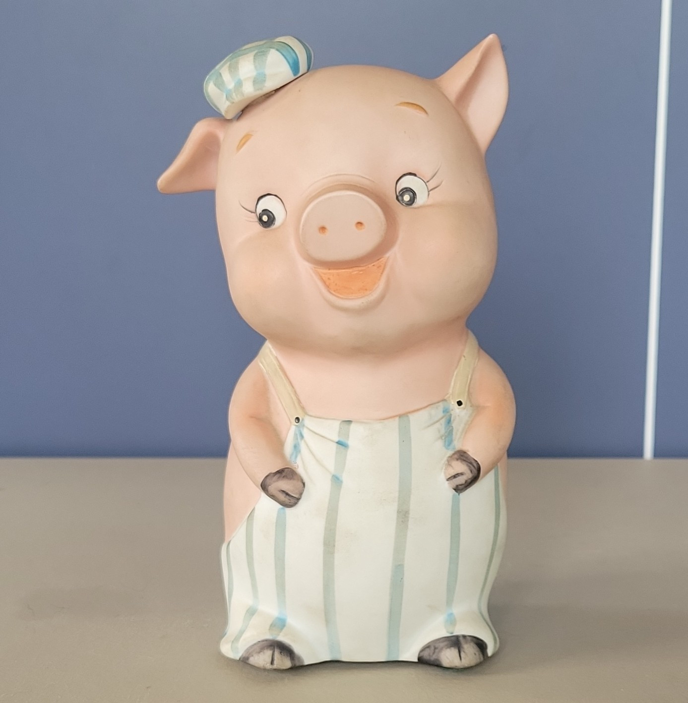 Lefton Ceramic Piggy Bank Pig Figurine in Striped Overalls & Hat