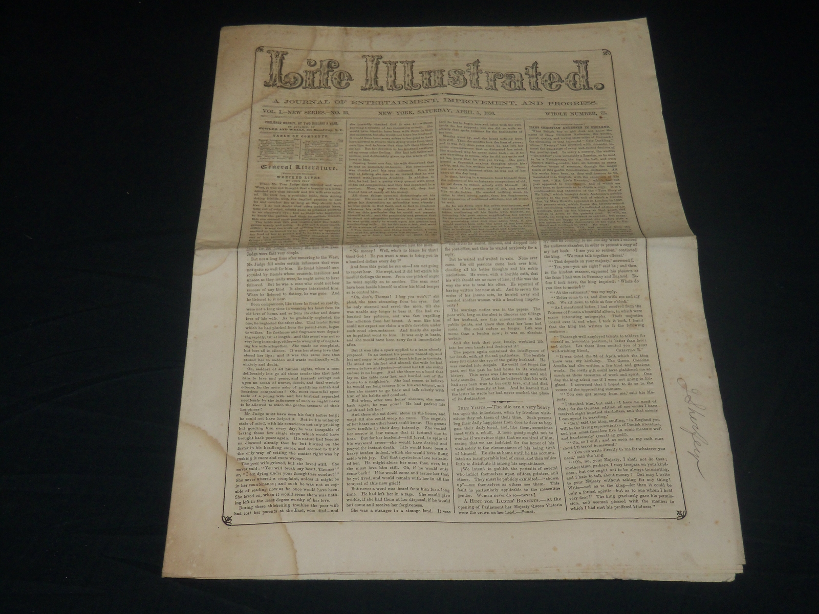 1856 APRIL 5 LIFE ILLUSTRATED NEWSPAPER - HANS CHRISTIAN ANDERSON - NP 4805