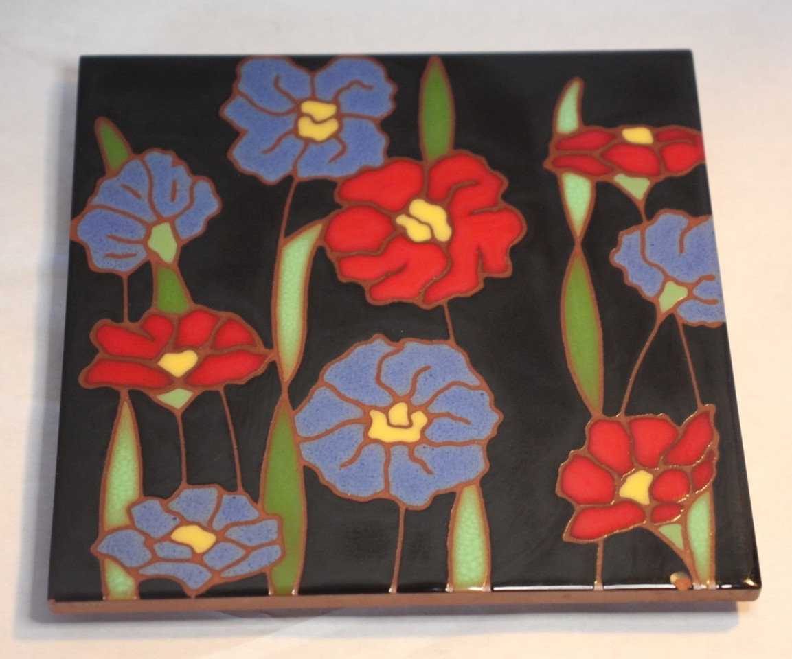 Vintage Besheer Art Tile black with Flowers 6” Hand Painted Trivet Decor