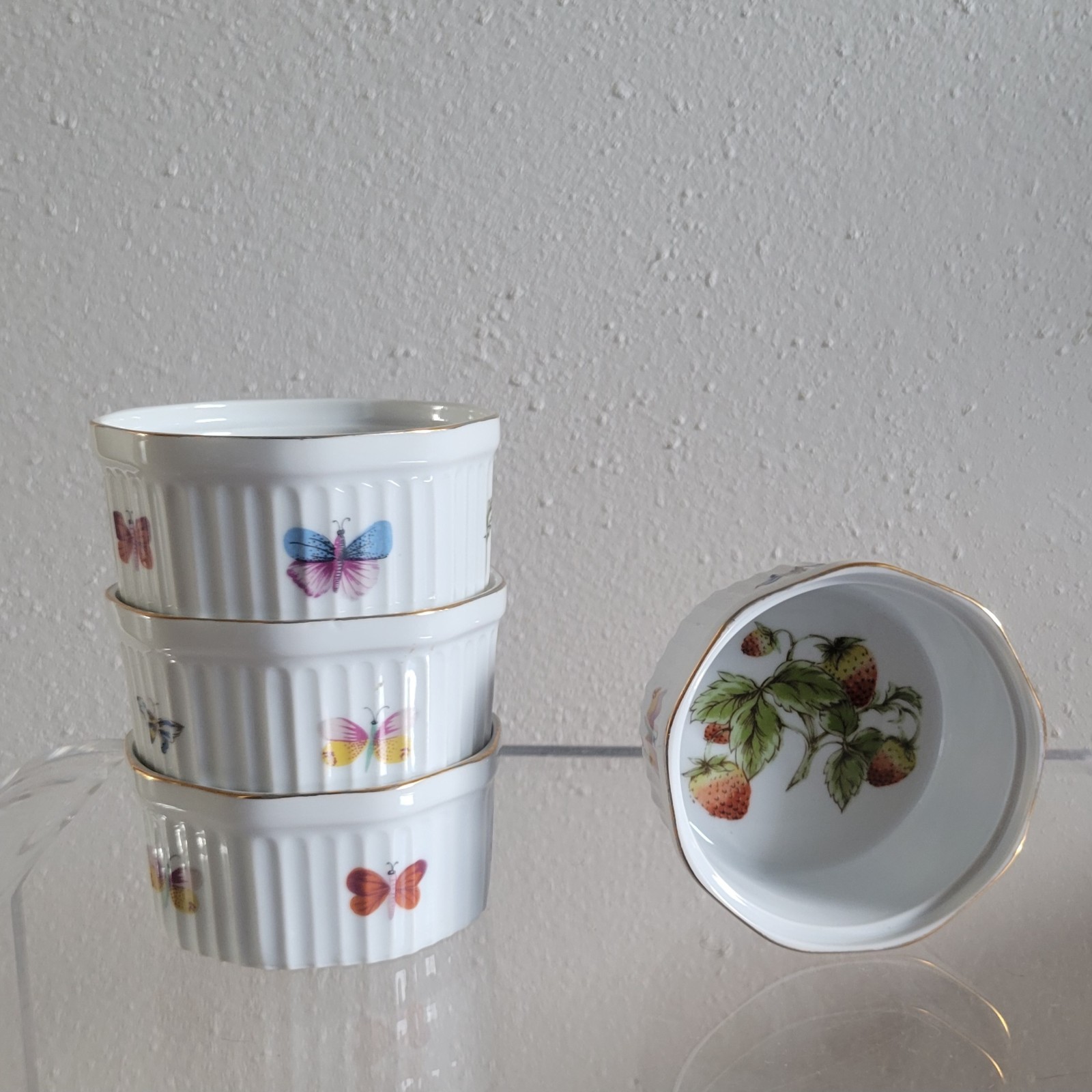 Vintage Ardalt Japan Strawberry Butterfly Ramekins Souffle Dishes Set of 4 6512