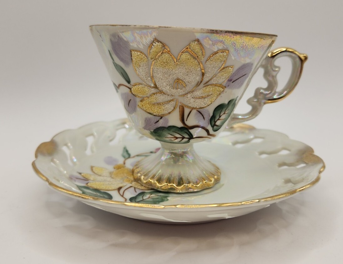Norcrest Handpainted Lustreware Beaded Flowers Teacup and Saucer