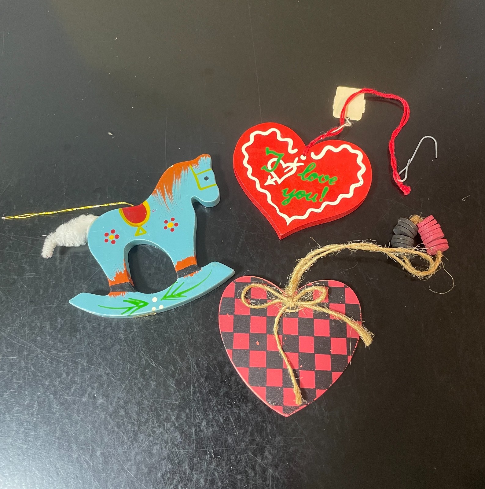 Vintage Wooden Christmas Ornaments Rocking Horse German Heart Love Painted (3)