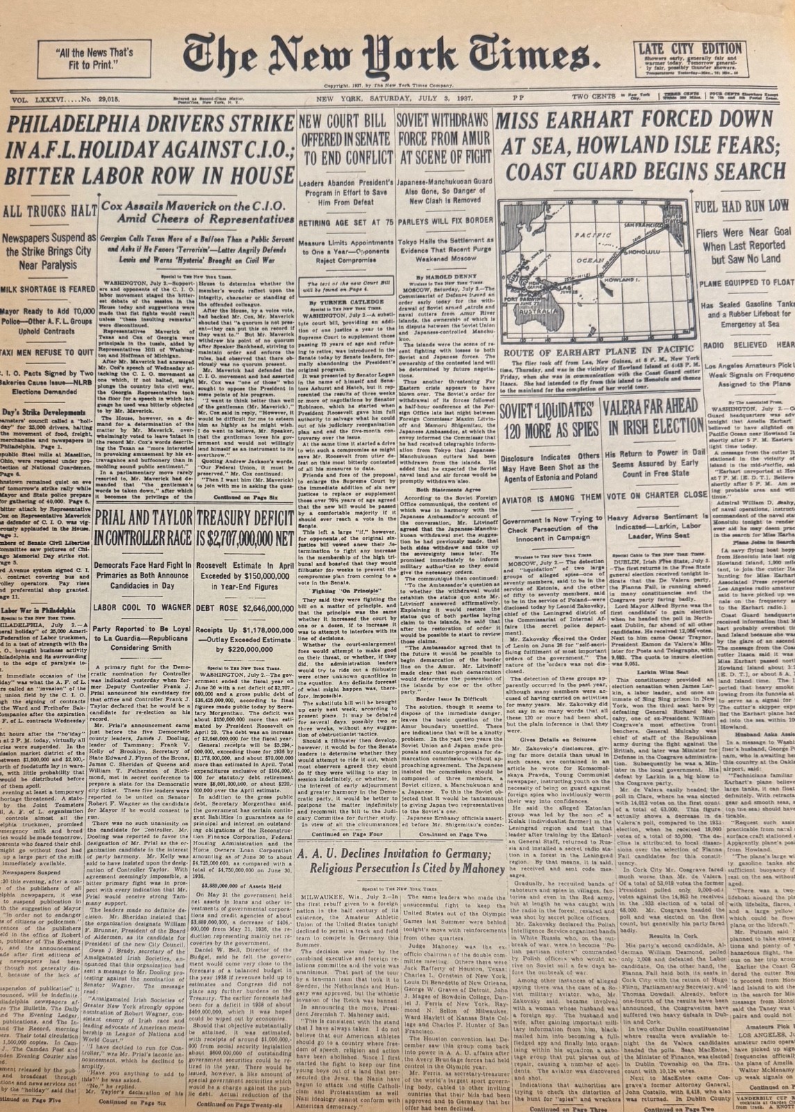 Vintage Amelia Earhart Disappears NEW YORK TIMES News Article Estate Sale Find