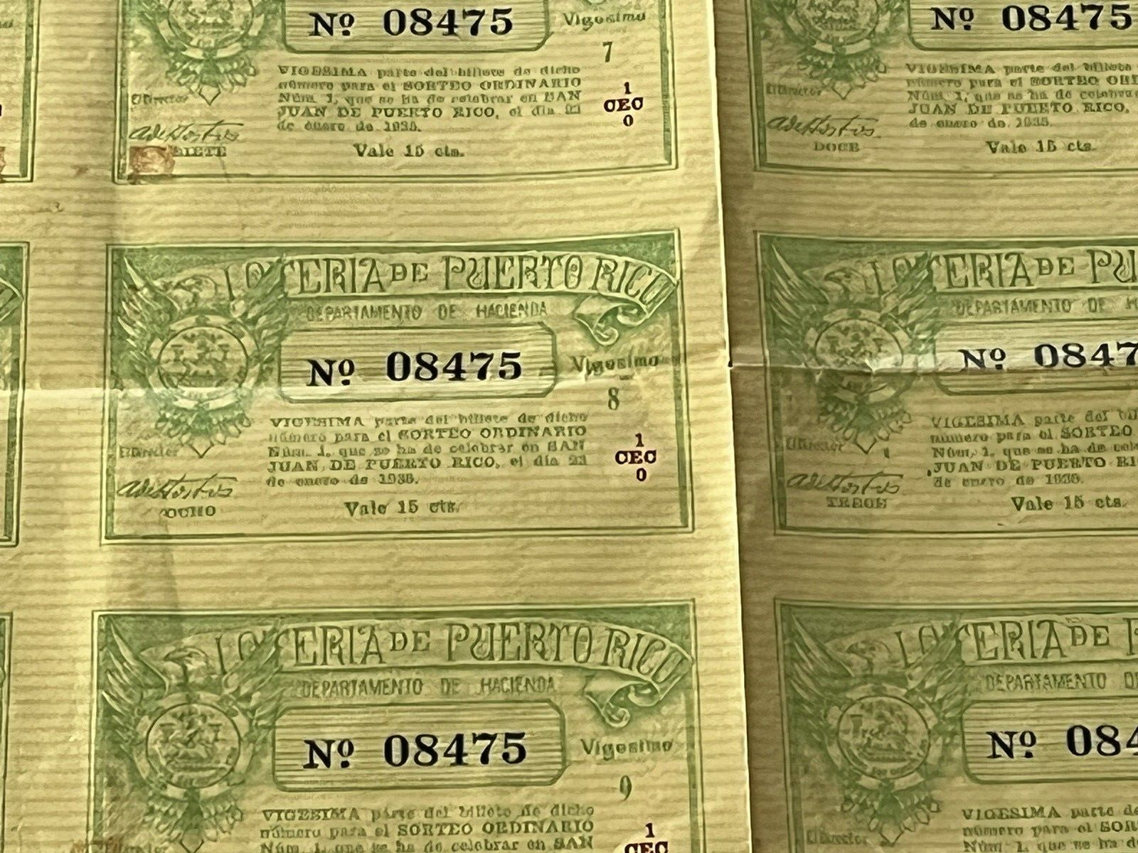 Loteria de Puerto Rico 1st Lottery Jan 1935 full sheet of 20 tickets - Very Rare