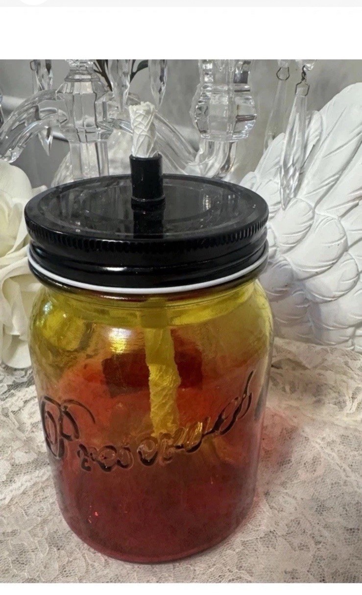 Vintage Amberina Glass Preserves Mason Jar Oil Lamp Candle Amber Red Ombre