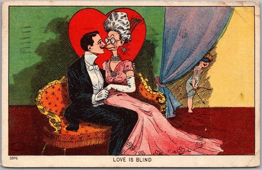 Vintage 1910 Romance Comic Postcard Man with Older Woman / Cupid \