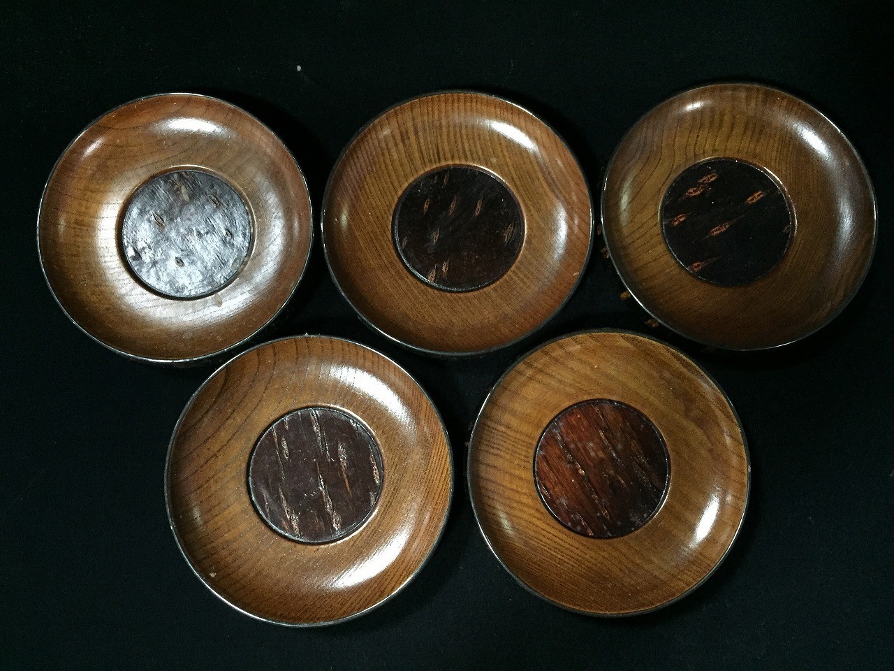 T0933 Vintage Japanese Kabazaiku Wood Tea Coasters Chataku 5pc